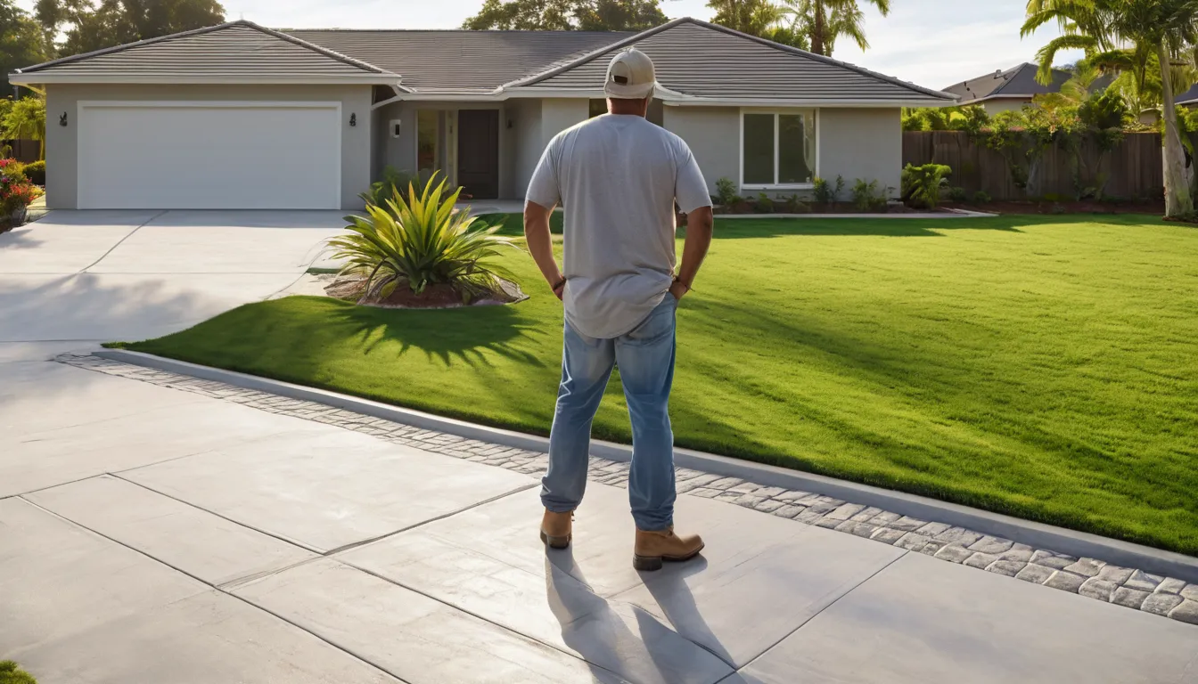 A new broom-finish concrete driveway in front of a brick ranch home in Manvel